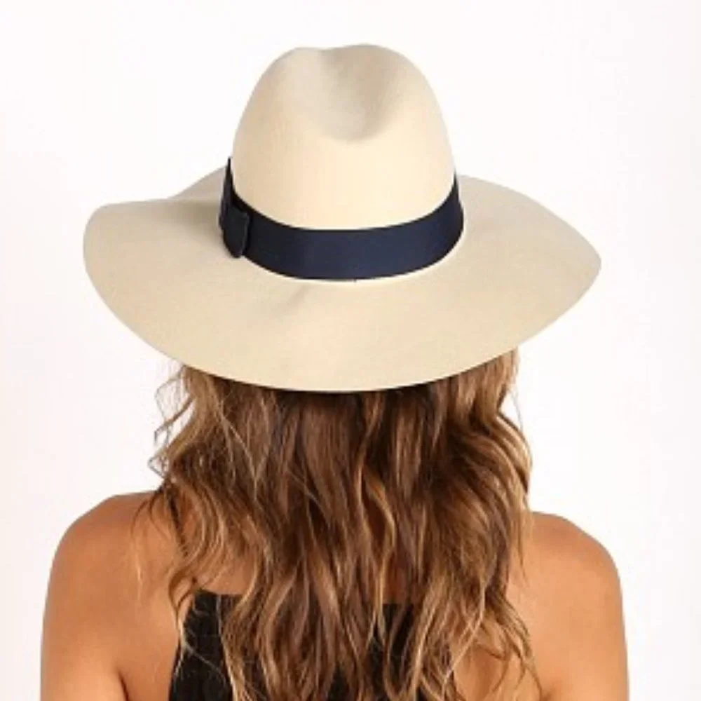 New $75 Brixton Bone Navy Blue Ribbon Piper Wool Floppy Hat